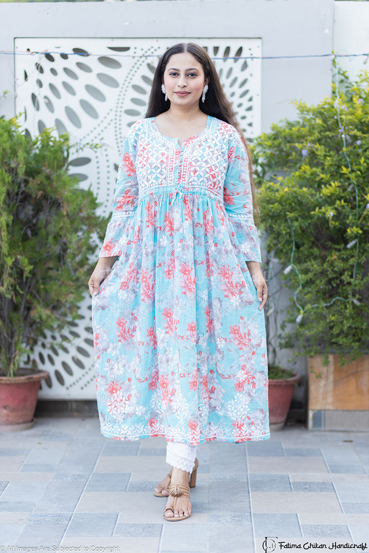 ZAREEN LIGHT BLUE MULMUL PRINTED CHIKANKARI GOWN