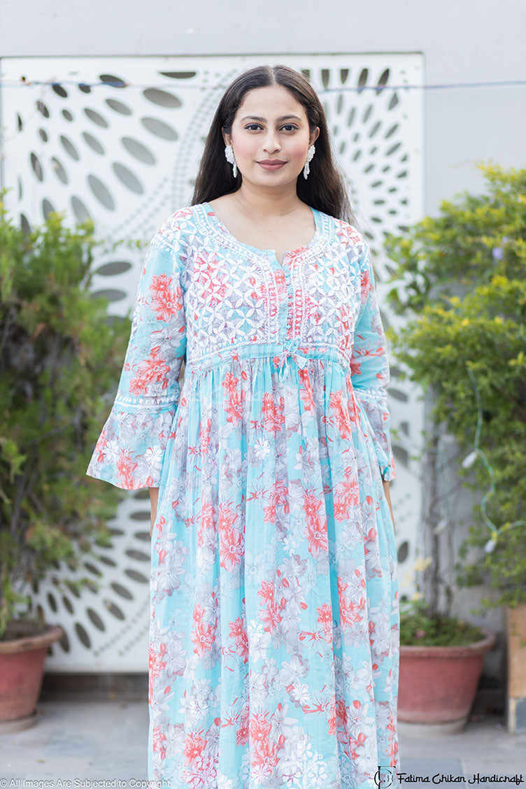 ZAREEN LIGHT BLUE MULMUL PRINTED CHIKANKARI GOWN