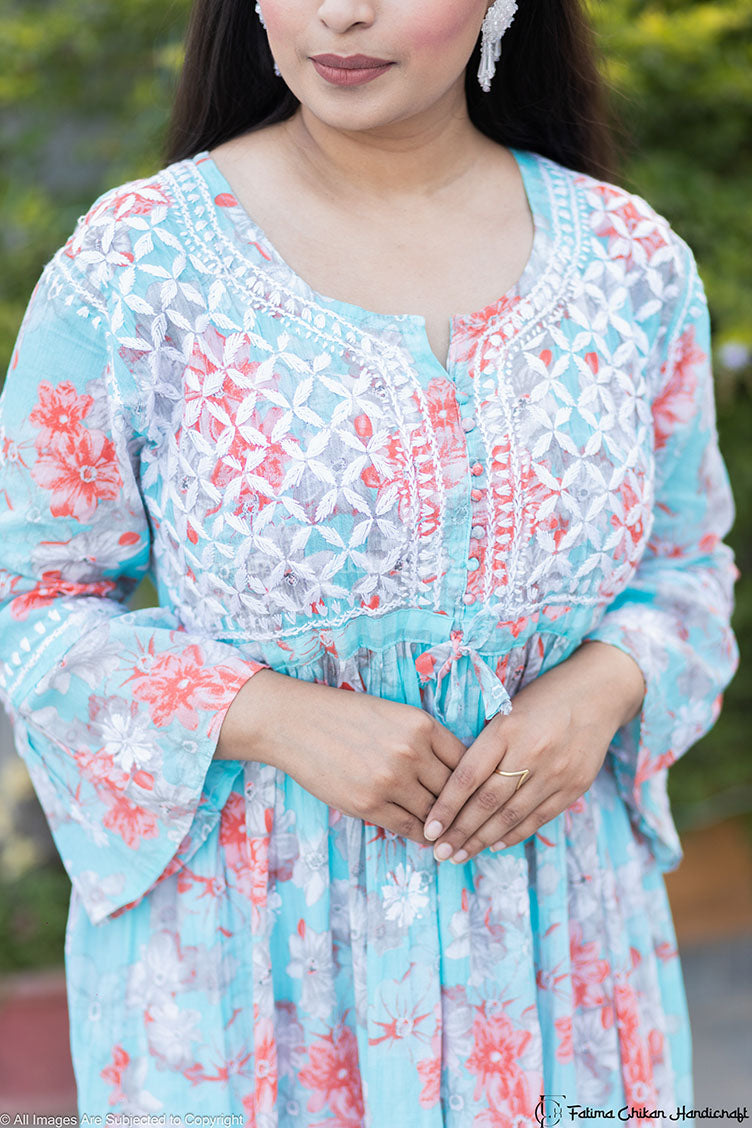 ZAREEN LIGHT BLUE MULMUL PRINTED CHIKANKARI GOWN
