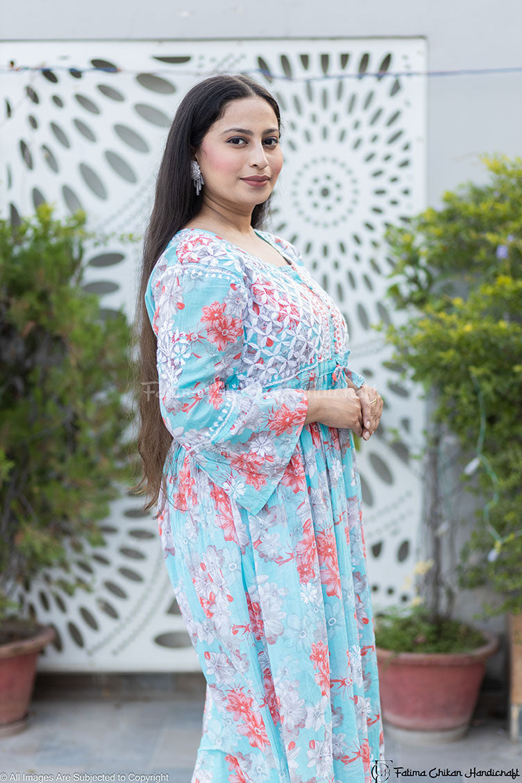 ZAREEN LIGHT BLUE MULMUL PRINTED CHIKANKARI GOWN