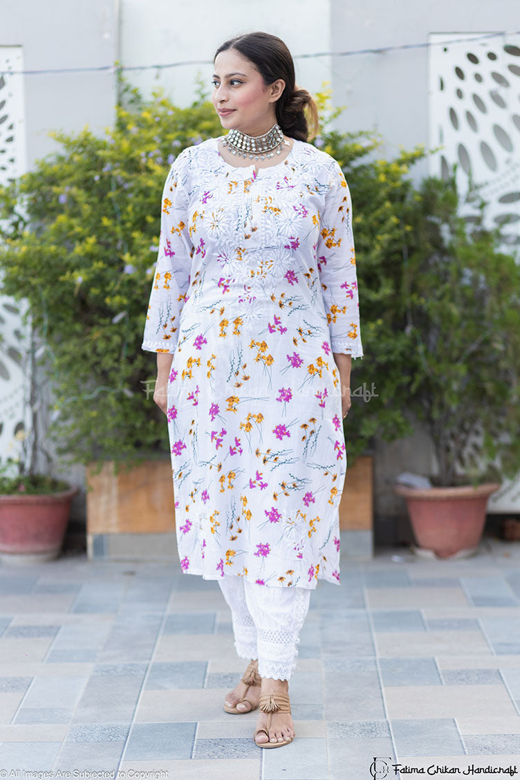 HOT PINK ZOYA MULMUL CHIKANKARI STRAIGHT KURTA