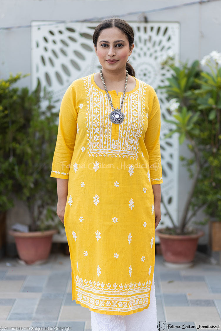 YELLOW YALINA KHADI CHIKANKARI STRAIGHT KURTA