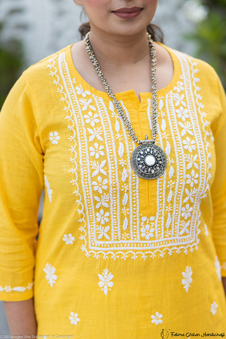 YELLOW YALINA KHADI CHIKANKARI STRAIGHT KURTA