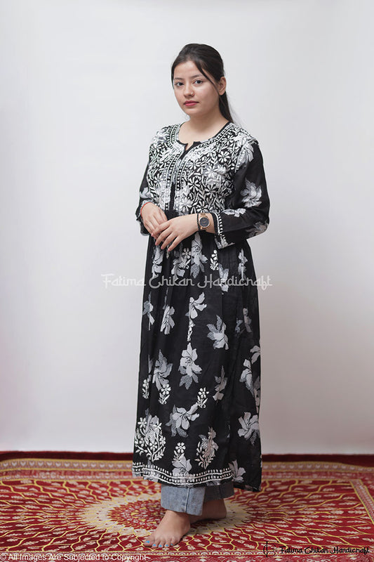 ARZOO BLACK FLORAL MULMUL CHIKANKARI GOWN