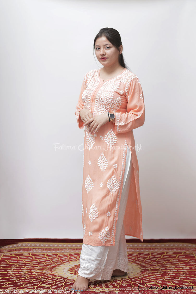 PEACH AYAAT MODAL COTTON STRAIGHT CHIKANKARI KURTI