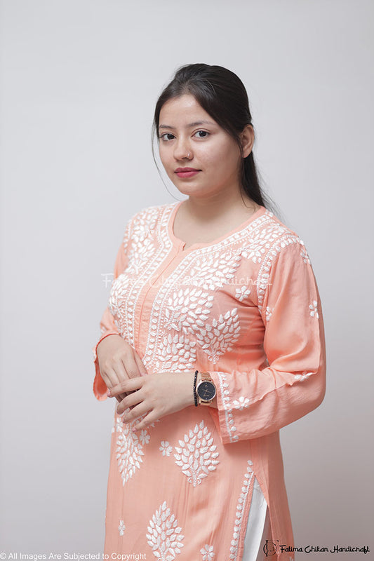 PEACH AYAAT MODAL COTTON STRAIGHT CHIKANKARI KURTI