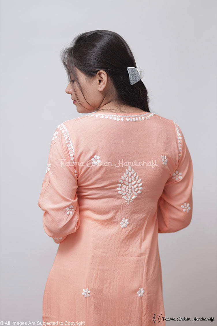 PEACH AYAAT MODAL COTTON STRAIGHT CHIKANKARI KURTI