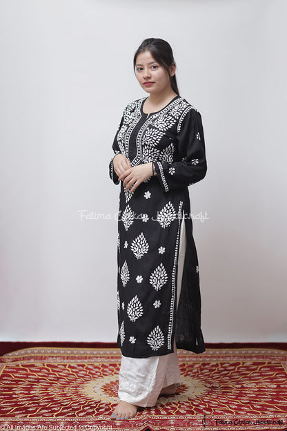 BLACK AYAAT MODAL COTTON STRAIGHT CHIKANKARI KURTI