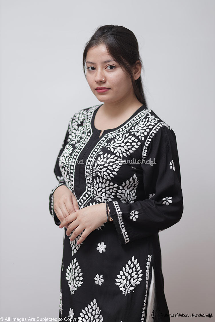 BLACK AYAAT MODAL COTTON STRAIGHT CHIKANKARI KURTI