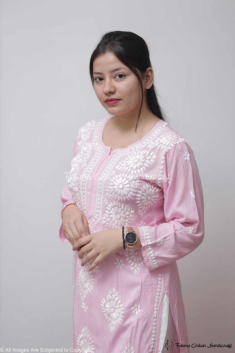 PINK AYAAT MODAL COTTON STRAIGHT CHIKANKARI KURTI