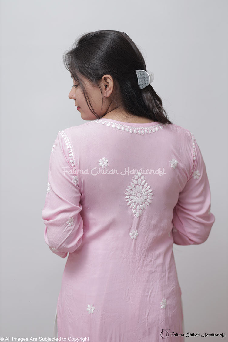 PINK AYAAT MODAL COTTON STRAIGHT CHIKANKARI KURTI