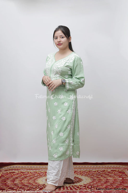LIGHT GREEN MARIA MODAL STRAIGHT CHIKANKARI KURTI