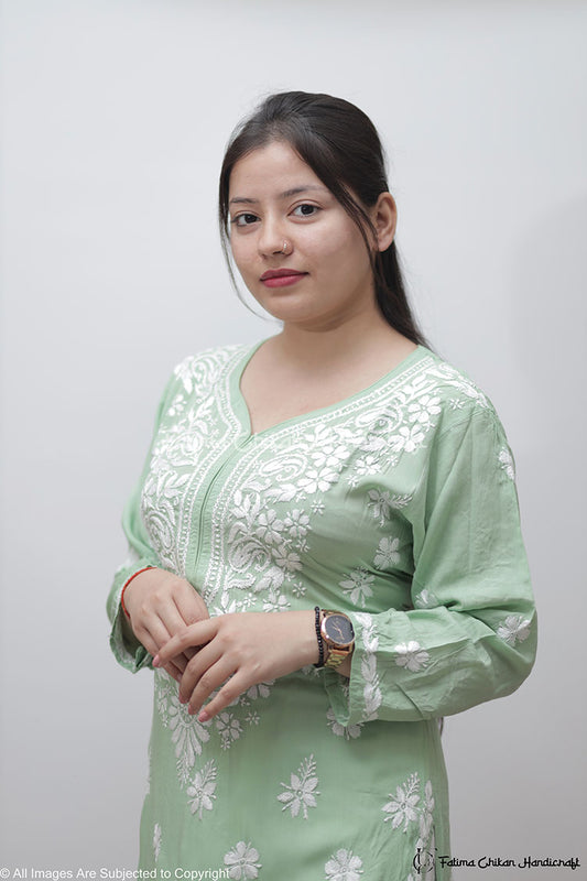 LIGHT GREEN MARIA MODAL STRAIGHT CHIKANKARI KURTI