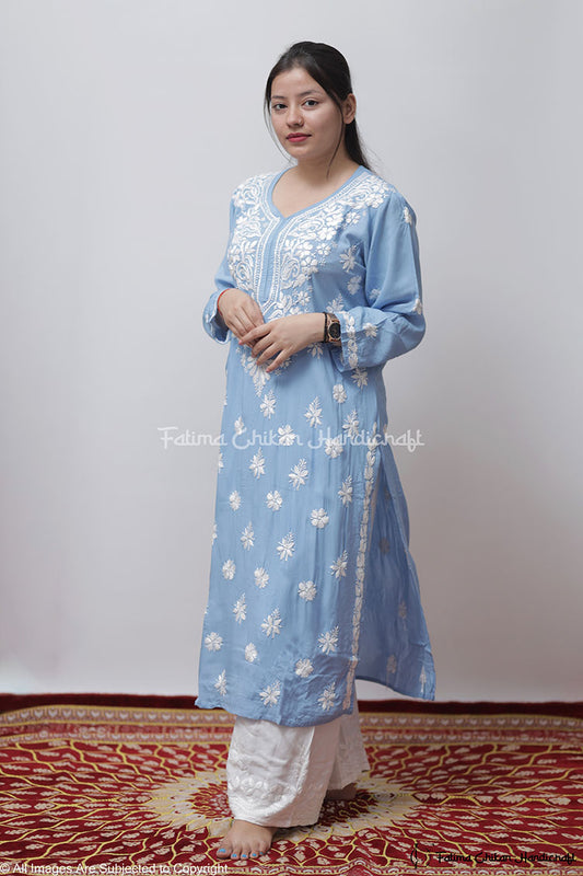LIGHT BLUE MARIA MODAL STRAIGHT CHIKANKARI KURTI