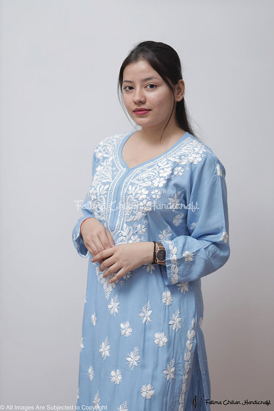 LIGHT BLUE MARIA MODAL STRAIGHT CHIKANKARI KURTI