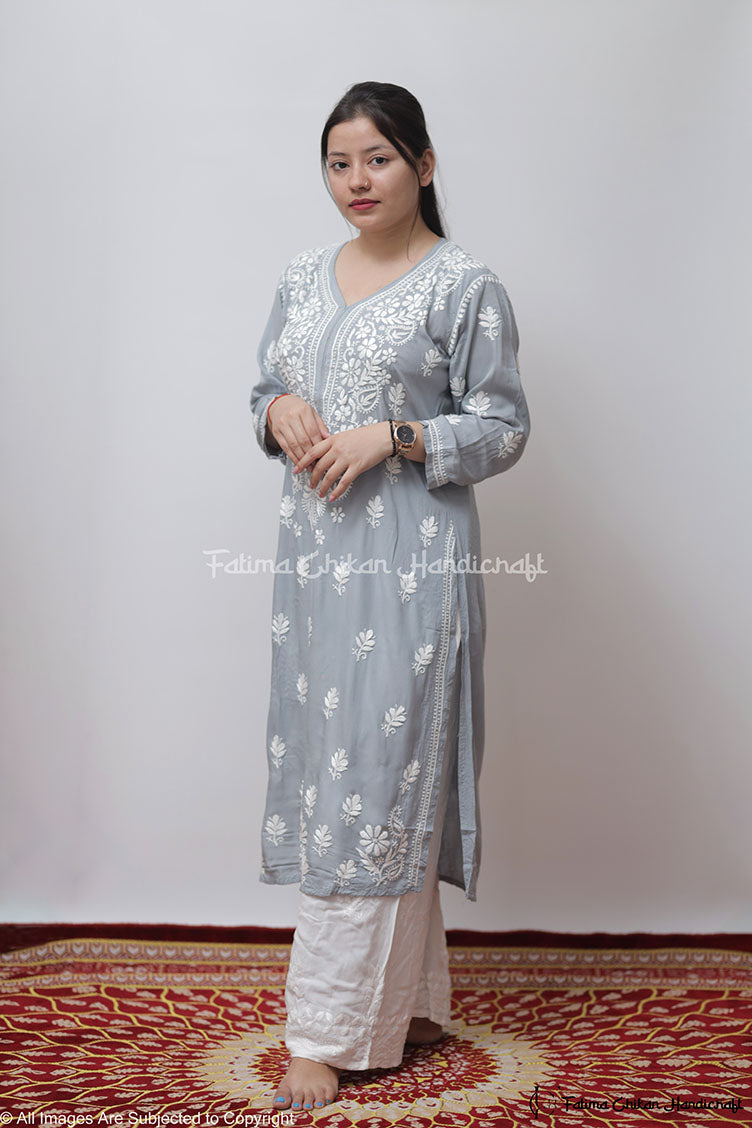 GREY MARIA MODAL STRAIGHT CHIKANKARI KURTI