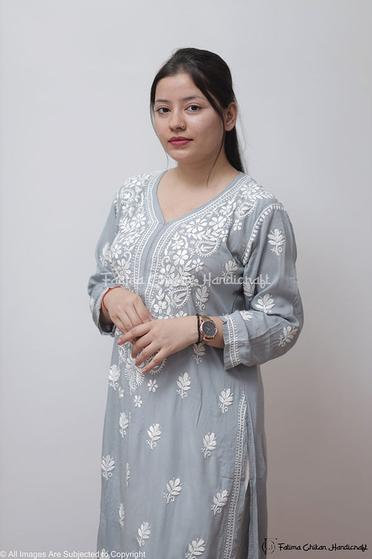 GREY MARIA MODAL STRAIGHT CHIKANKARI KURTI