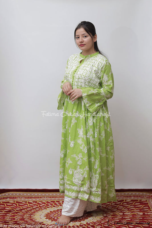 ZAREEN GREEN MULMUL PRINTED CHIKANKARI GOWN