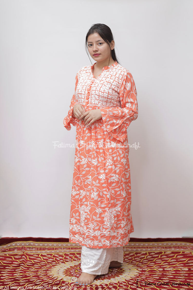 ZAREEN ORANGE MULMUL PRINTED CHIKANKARI GOWN
