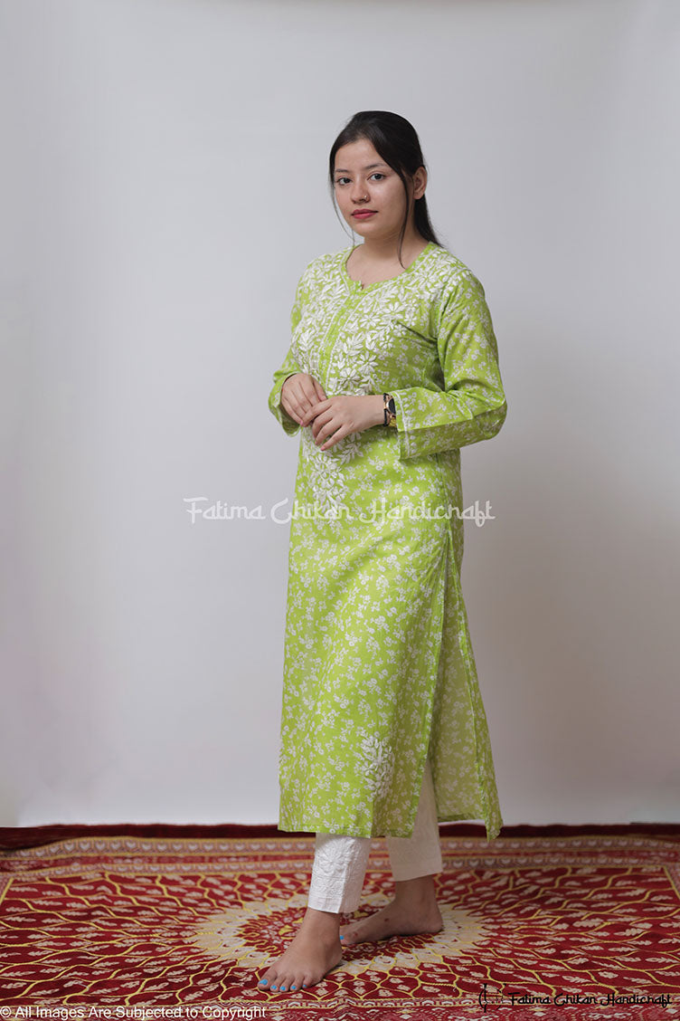 GREEN IBADAT MULMUL COTTON STRAIGHT CHIKANKARI KURTI