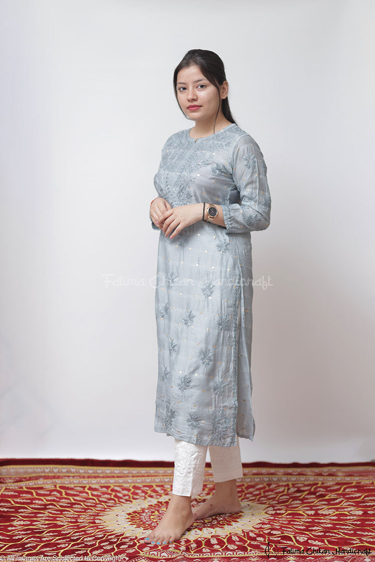 GAZAL GREY CHANDERI COTTON STRAIGHT CHIKANKARI KURTI