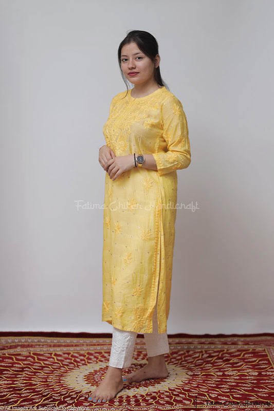 GAZAL YELLOW CHANDERI COTTON STRAIGHT CHIKANKARI KURTI