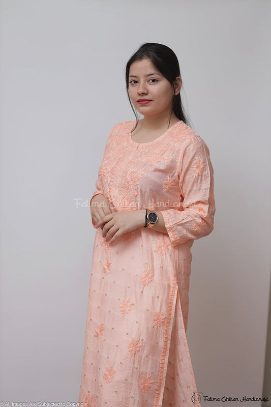 GAZAL PEACH CHANDERI COTTON STRAIGHT CHIKANKARI KURTI