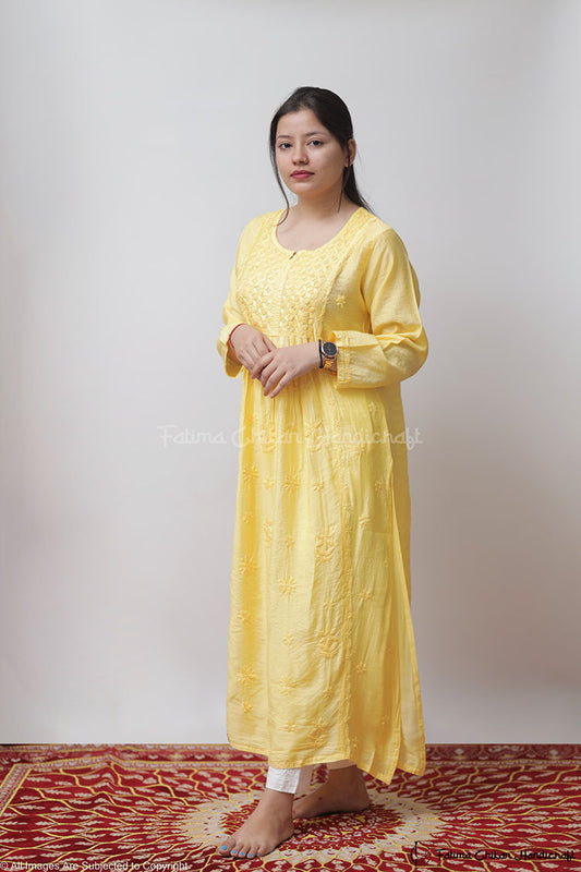 YELLOW DUHA CHANDERI NYRA CHIKANKARI  KURTA