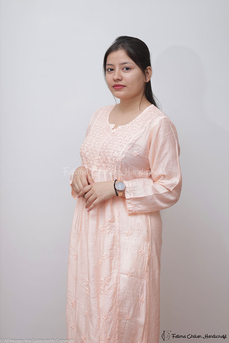 PEACH DUHA CHANDERI NYRA  CHIKANKARI NYRA KURTA