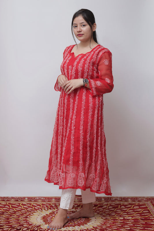 NAAYLA RED GEORGETTE CHIKANKARI ANARKALI