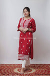 RED YALINA KHADI CHIKANKARI STRAIGHT KURTA