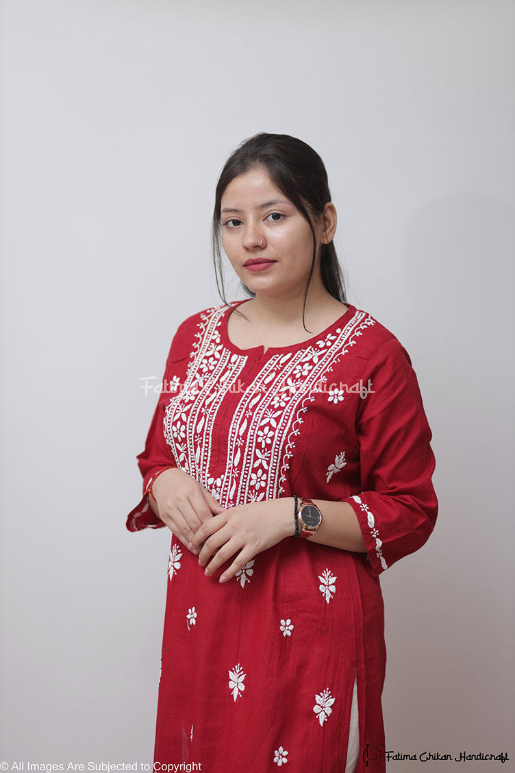 RED YALINA KHADI CHIKANKARI STRAIGHT KURTA