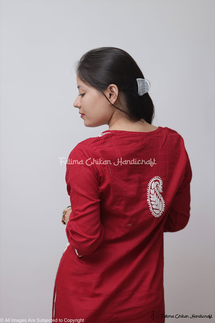 RED YALINA KHADI CHIKANKARI STRAIGHT KURTA