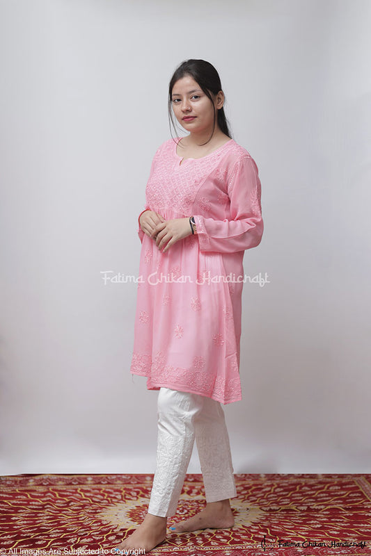 PINK IQRA VISCOSE CHIKANKARI PEPLUM TOP
