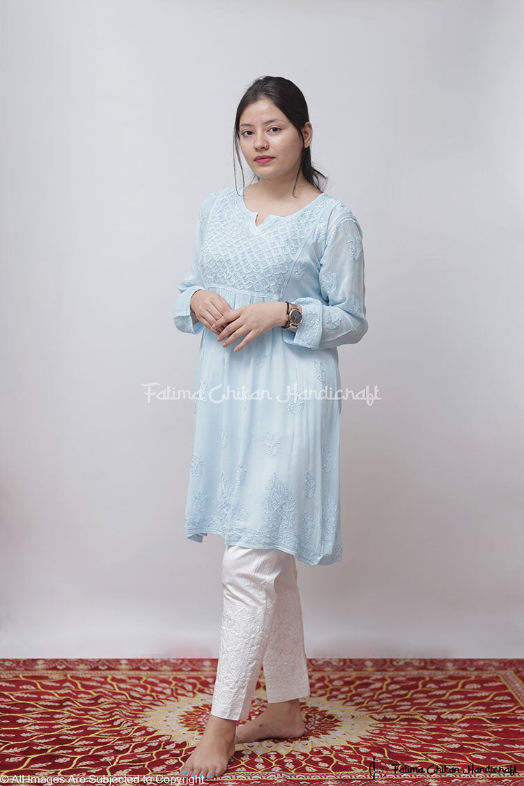SKY BLUE IQRA VISCOSE CHIKANKARI PEPLUM TOP