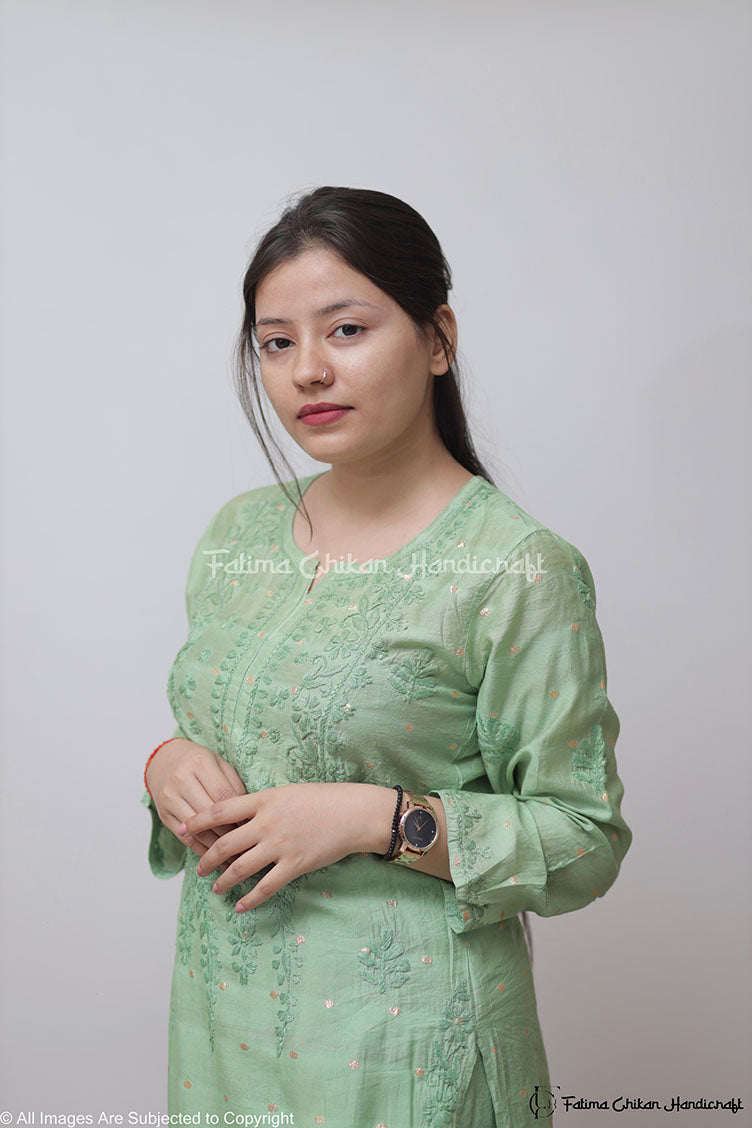 ADAB GREEN CHANDERI CHIKANKARI STITCHED SUIT SET