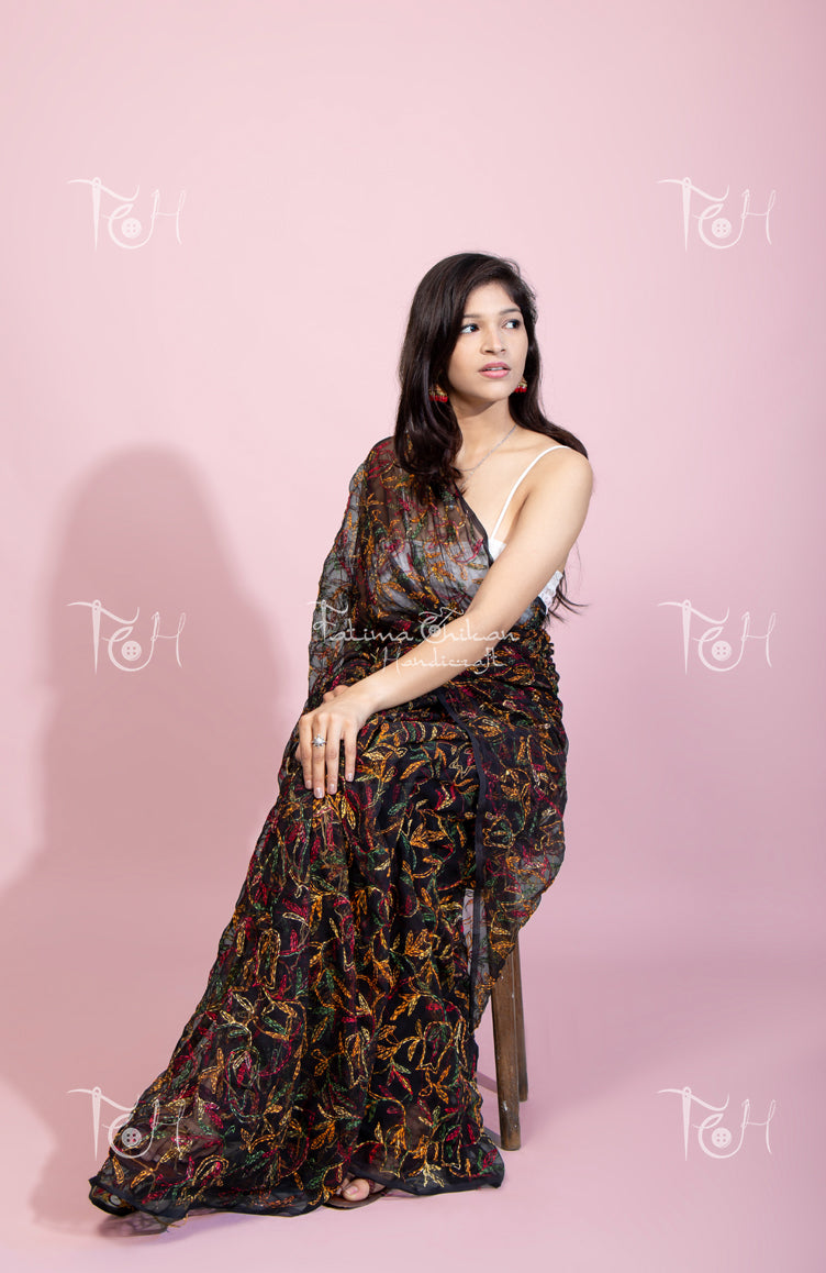 GEORGETTE BLACK MULTI CHIKANKARI SAREE