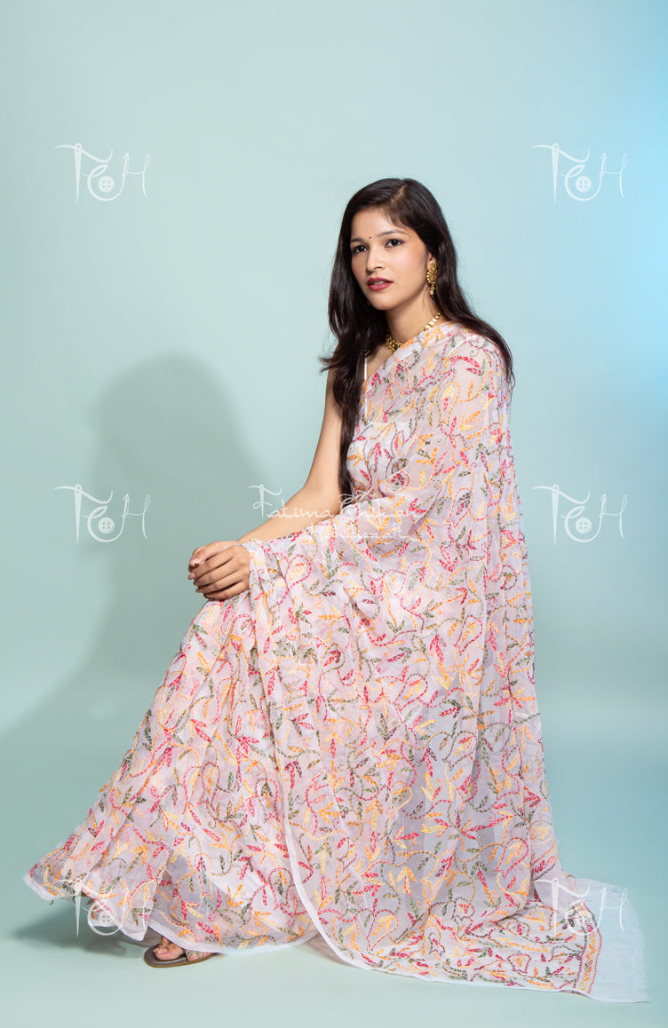 GEORGETTE WHITE MULTI CHIKANKARI SAREE