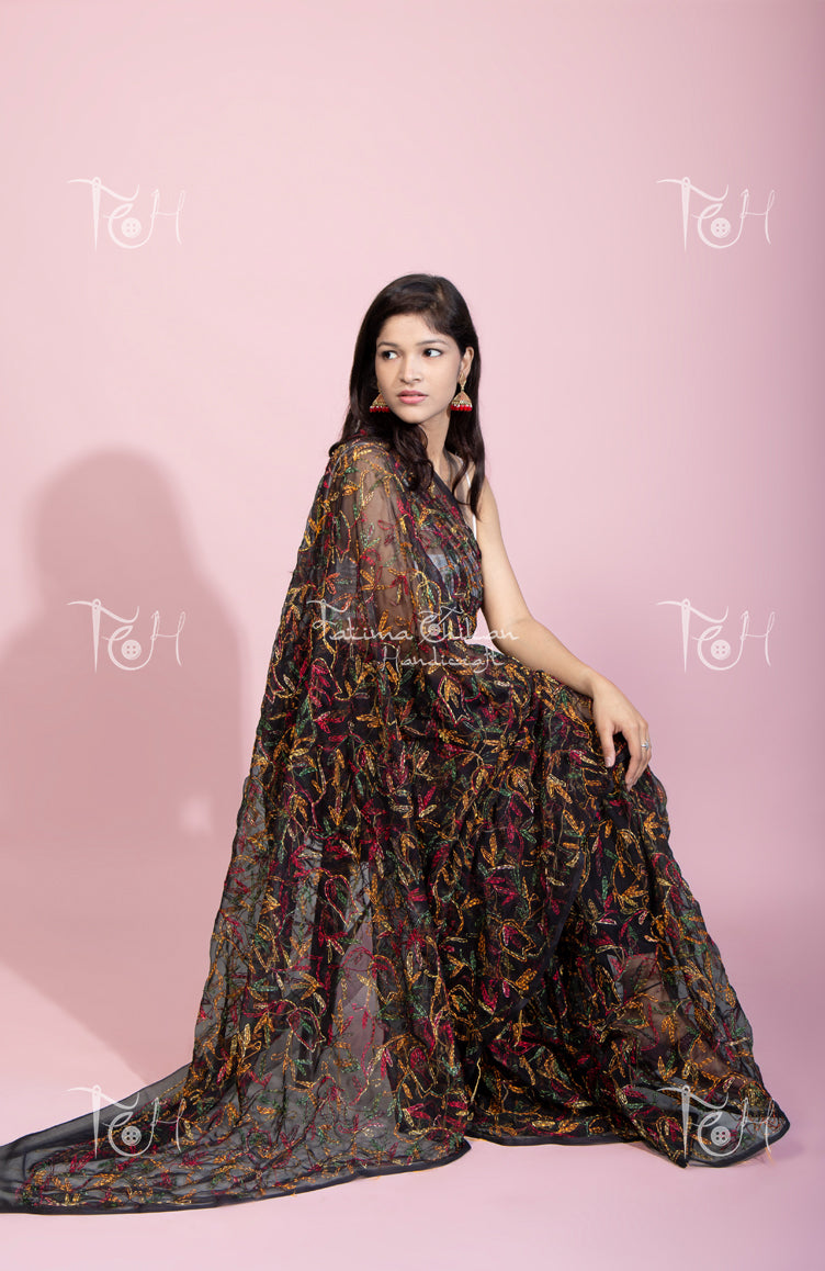 GEORGETTE BLACK MULTI CHIKANKARI SAREE