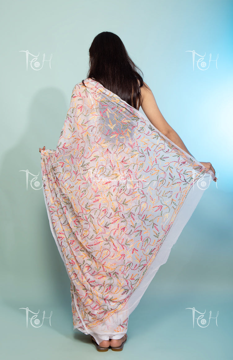 GEORGETTE WHITE MULTI CHIKANKARI SAREE