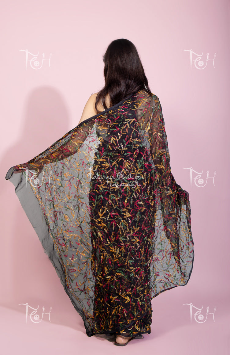 GEORGETTE BLACK MULTI CHIKANKARI SAREE
