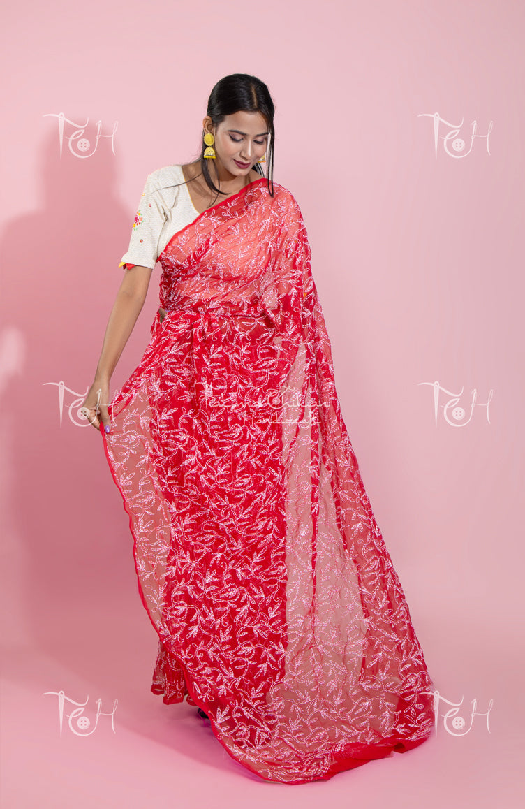 Red Pure Georgette Chikankari Saree Embellished with Mukaish Work Handmade  Sari | eBay