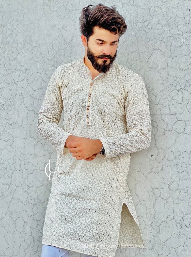 SHAZIM CHIKANKARI COTTON STRAIGHT MEN'S KURTA