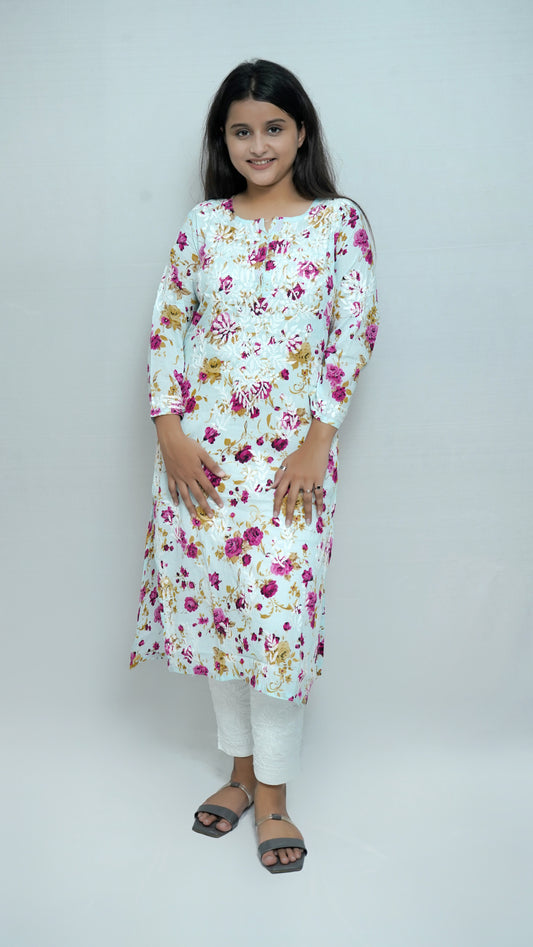 PRINTED MULMUL CHIKANKARI KURTA