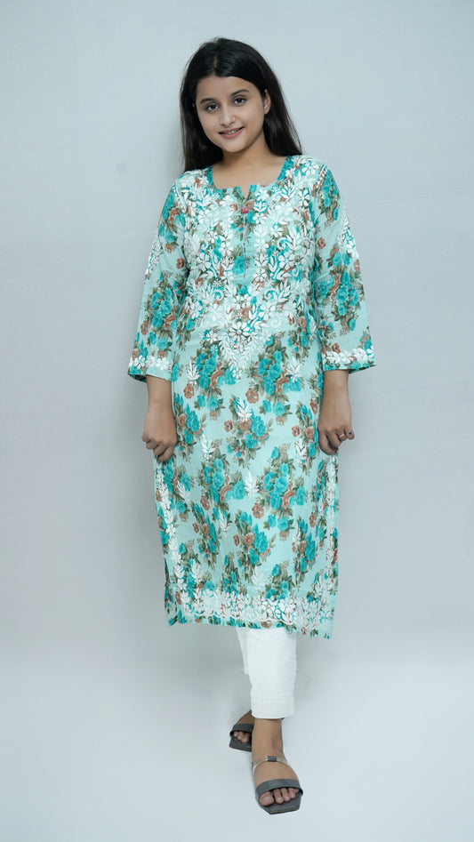 MULMUL PRINTED CHIKANKARI KURTI