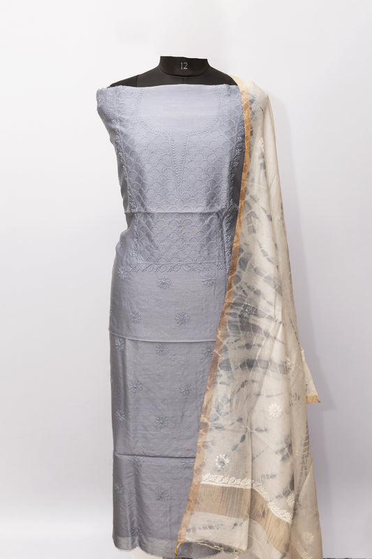 GREY MAHI JAAL UNSTITCHED SUIT WITH DUPATTA {TIE AND DYE}