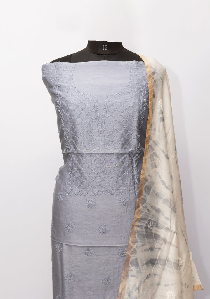GREY MAHI JAAL UNSTITCHED SUIT WITH DUPATTA {TIE AND DYE}