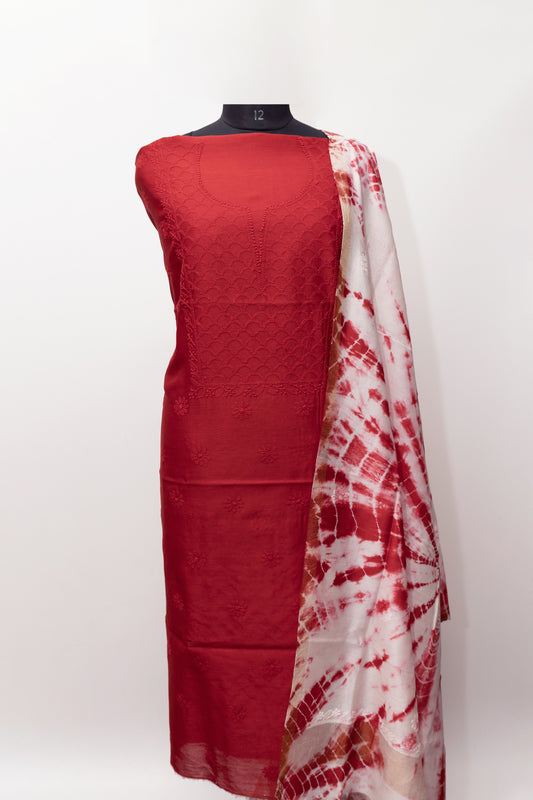 RED MAHI JAAL UNSTITCHED SUIT WITH DUPATTA {TIE AND DYE}