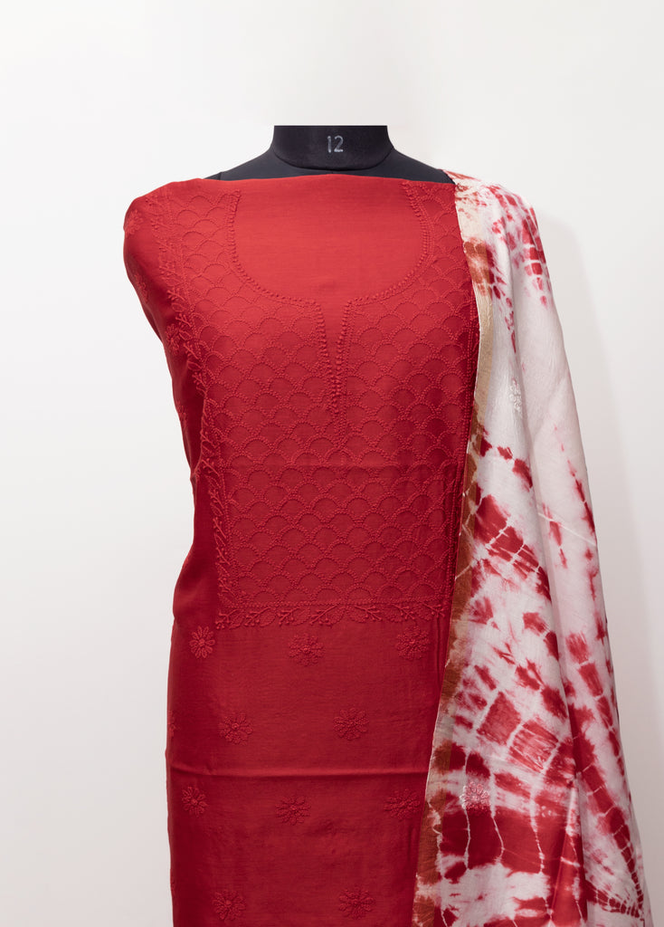 RED MAHI JAAL UNSTITCHED SUIT WITH DUPATTA {TIE AND DYE}