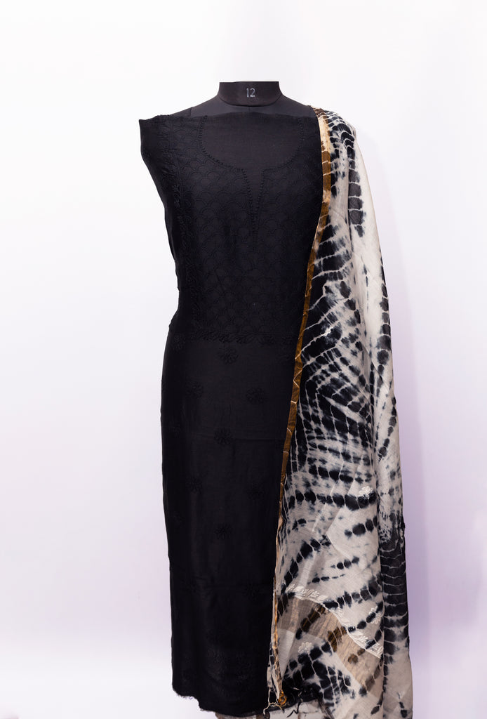 BLACK MAHI JAAL UNSTITCHED SUIT WITH DUPATTA {TIE AND DYE}